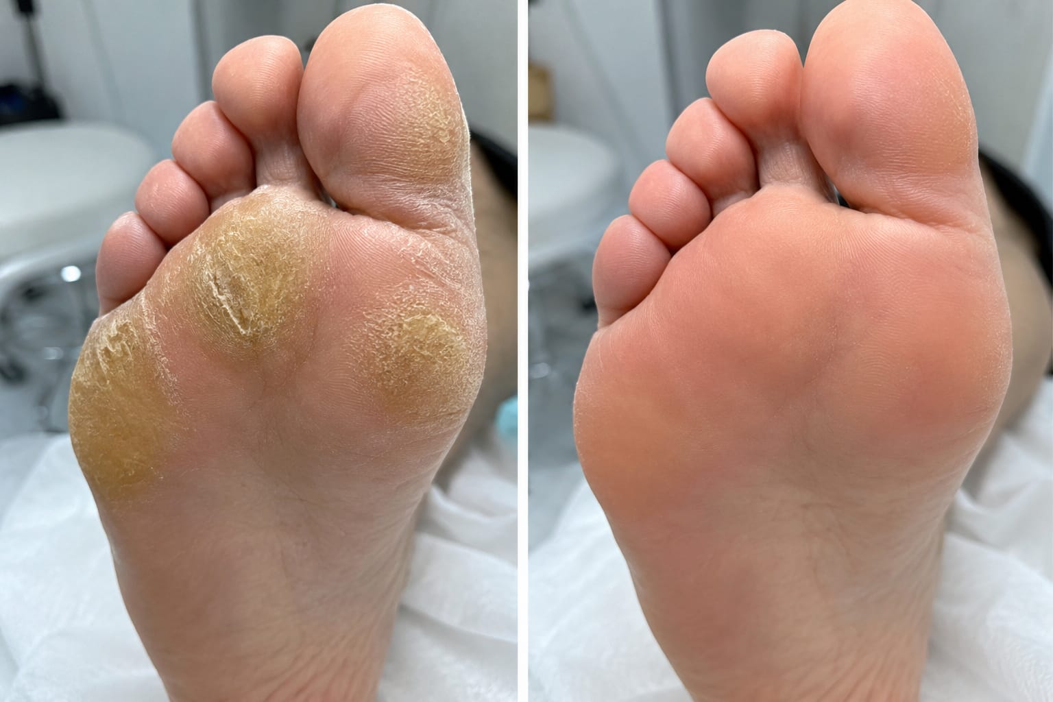 Caso real de calo tratado, antes e depois